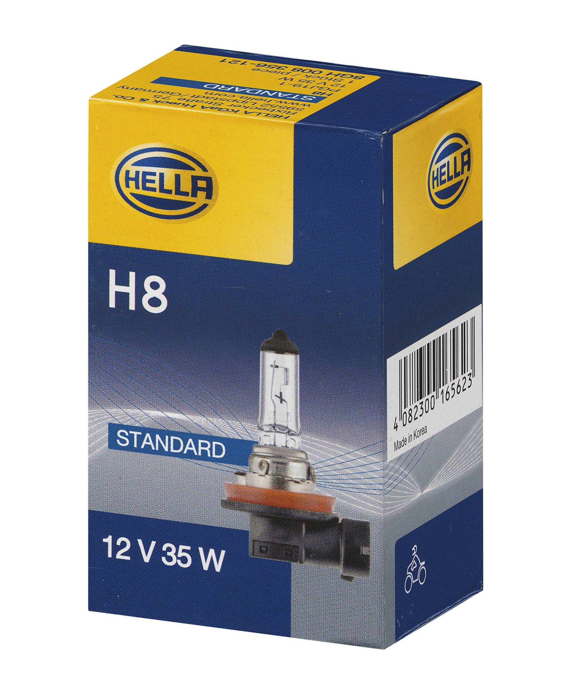 HELLA 8GH 008 356-121 Halogen Glühlampe - H8 - Standard - 12V - 35W - Sockelausführung Glühlampe: PGJ19-1 - Schachtel - Menge: 1, Karton von Hella