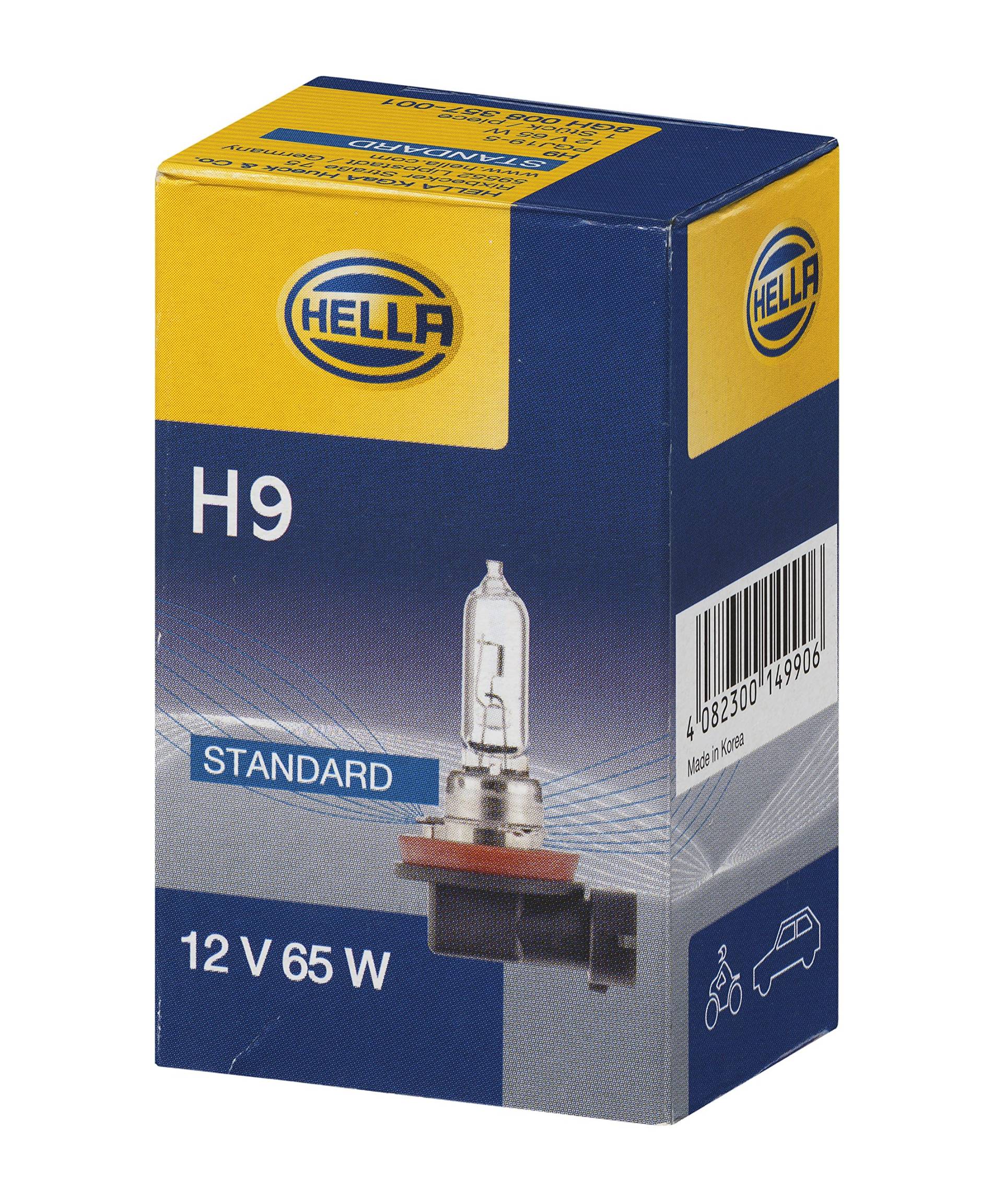 HELLA 8GH 008 357-001 Halogen Glühlampe - H9 - Standard - 12V - 65W - Sockelausführung Glühlampe: PGJ19-5 - Schachtel - Menge: 1 von Hella