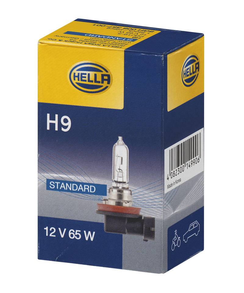 HELLA 8GH 008 357-001 Halogen Glühlampe - H9 - Standard - 12V - 65W - Sockelausführung Glühlampe: PGJ19-5 - Schachtel - Menge: 1, Karton von Hella