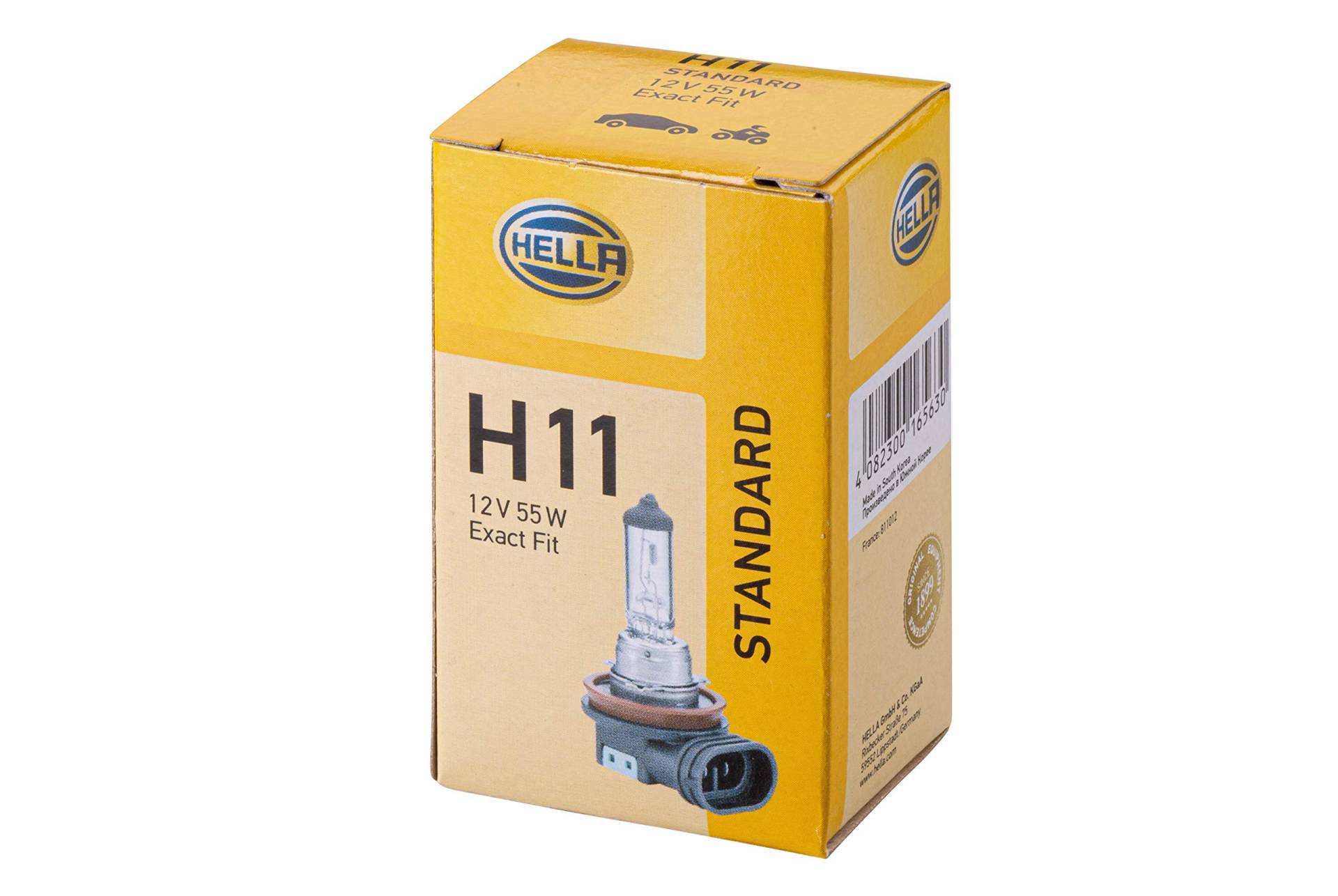 HELLA 8GH 008 358-121 Halogen Glühlampe - H11 - Standard - 12V - 55W - Sockelausführung Glühlampe: PGJ19-2 - Schachtel - Menge: 1, Karton von Hella