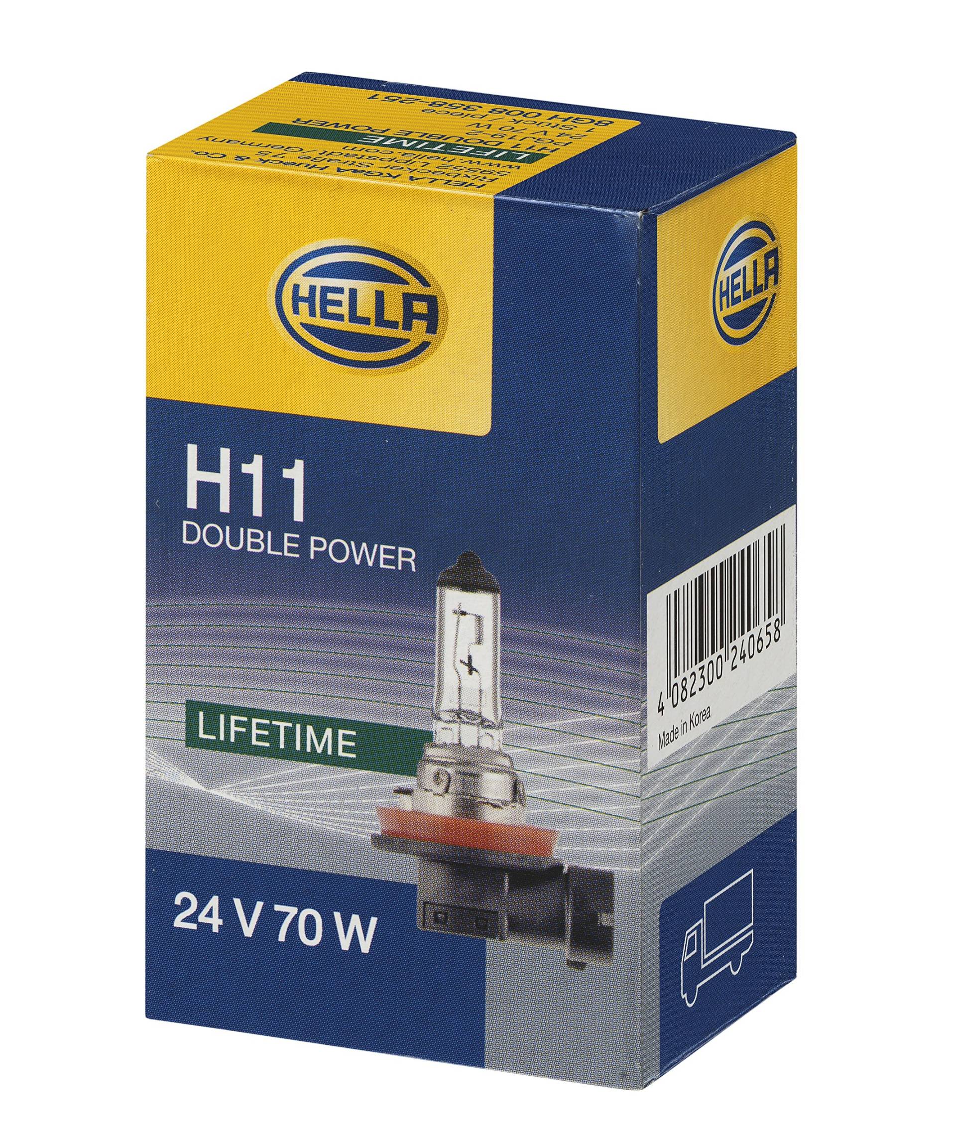 HELLA Halogen Glühlampe - H11 - Heavy Duty Expert - 24V - 70W - Sockelausführung Glühlampe: PGJ19-2 - Schachtel - Menge: 1 - 8GH 008 358-251, Silber von Hella