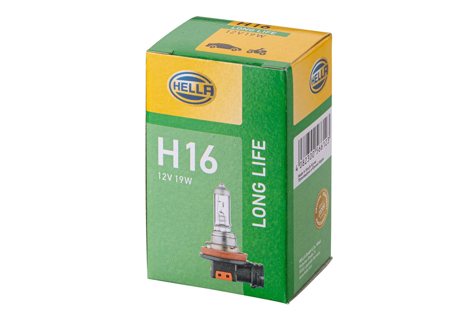 HELLA 8GH 186 996-001 Halogen Glühlampe - H16 - Long Life up to 3x longer lifetime - 12V - 19W - Sockelausführung Glühlampe: PGJ19-3 - Schachtel - Menge: 1 von Hella