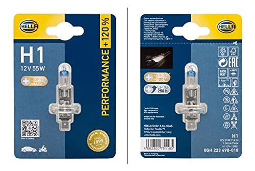 HELLA 8GH 223 498-018 Halogen-Glühlampe - H1 - Performance + 120% - 12V - 55W - Sockelausführung Glühlampe: P14.5s - Blister - Menge: 1 von Hella