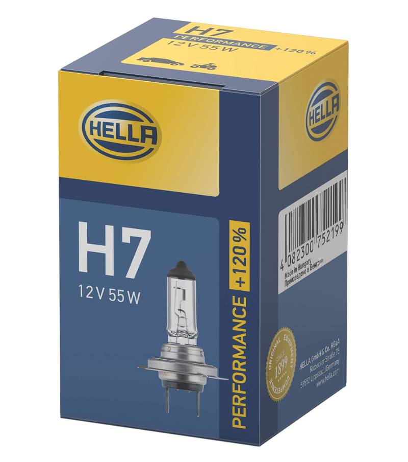 HELLA 8GH 223 498-031 Halogen Glühlampe - H7 - Performance + 120% - 12V - 55W - Sockelausführung Glühlampe: PX26d - Schachtel - Menge: 1, Weiß von Hella