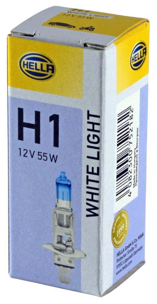 HELLA 8GH 223 498-111 Halogen Glühlampe - H1 - White Light up to 4200 Kelvin - 12V - 55W - Sockelausführung Glühlampe: P14.5s - Schachtel - Menge: 1 von Hella