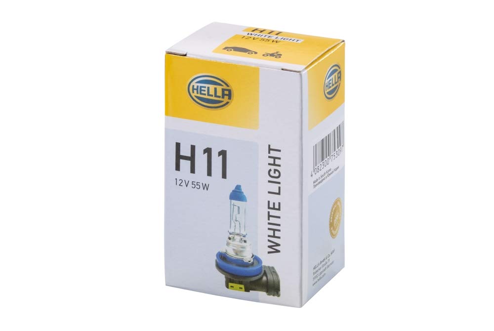 HELLA 8GH 223 498-151 Halogen Glühlampe - H11 - White Light up to 4200 Kelvin - 12V - 55W - Sockelausführung Glühlampe: PGJ19-2 - Schachtel - Menge: 1 von Hella