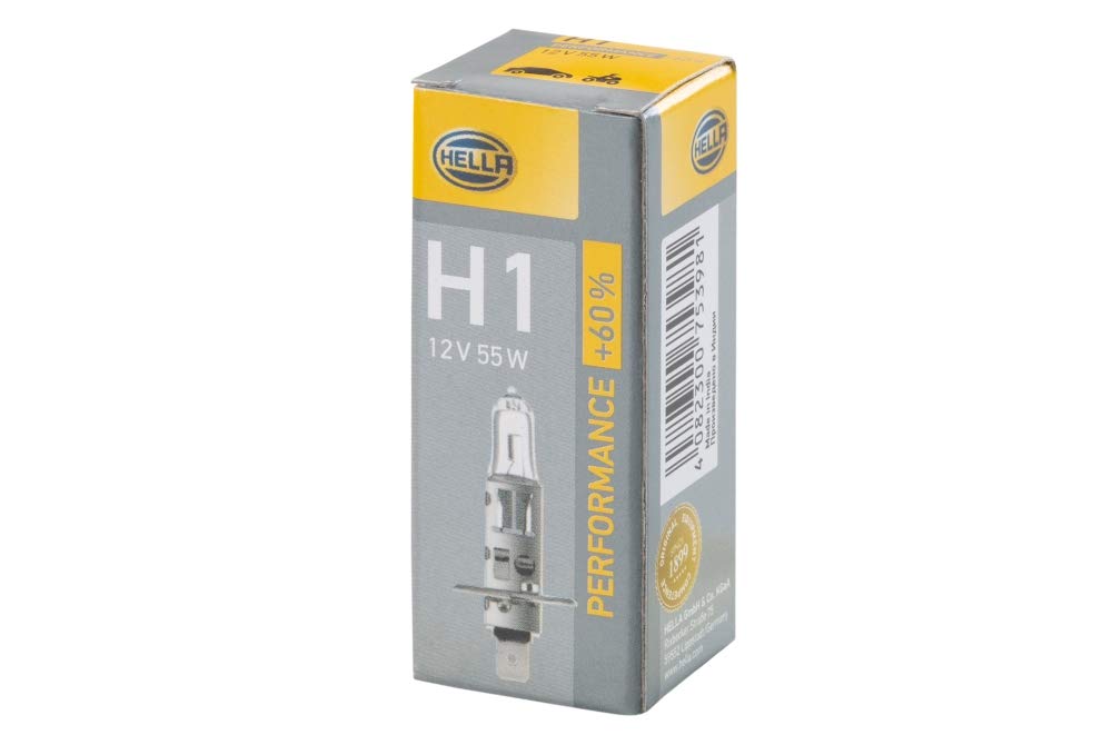 HELLA 8GH 223 498-211 Halogen Glühlampe - H1 - Performance + 60% - 12V - 55W - Sockelausführung Glühlampe: P14.5s - Schachtel - Menge: 1, Weiß von Hella