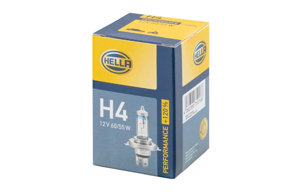 HELLA 8GJ 223 498-021 Halogen Glühlampe - H4 - Performance + 120% - 12V - 60/65W - Sockelausführung Glühlampe: P43t-38 - Schachtel - Menge: 1, weiß von Hella