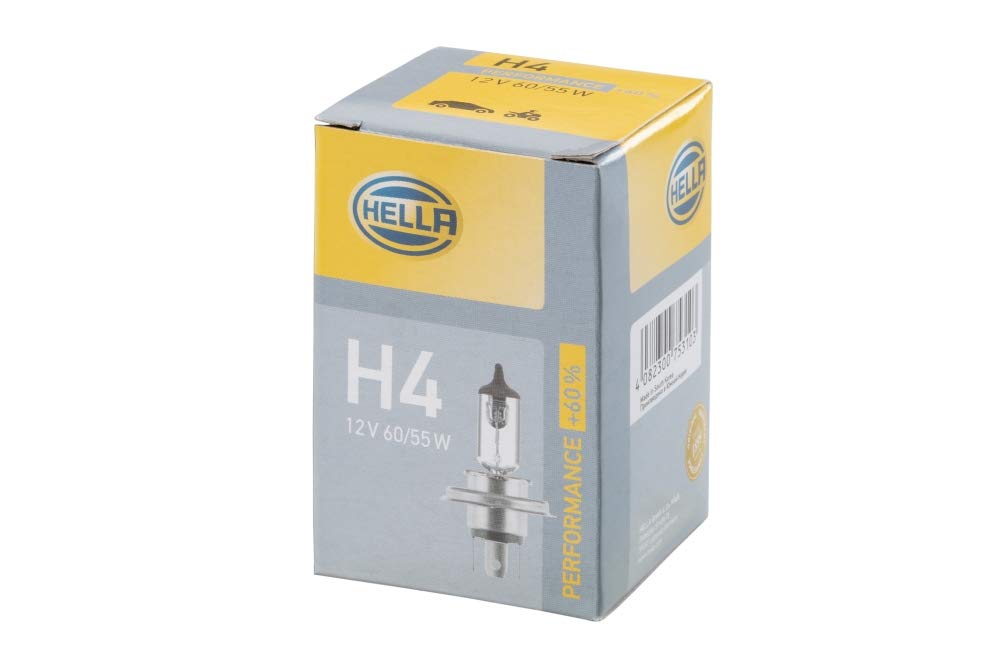 HELLA 8GJ 223 498-221 Halogen Glühlampe - H4 - Performance + 60% - 12V - 60/65W - Sockelausführung Glühlampe: P43t-38 - Schachtel - Menge: 1, silber von Hella