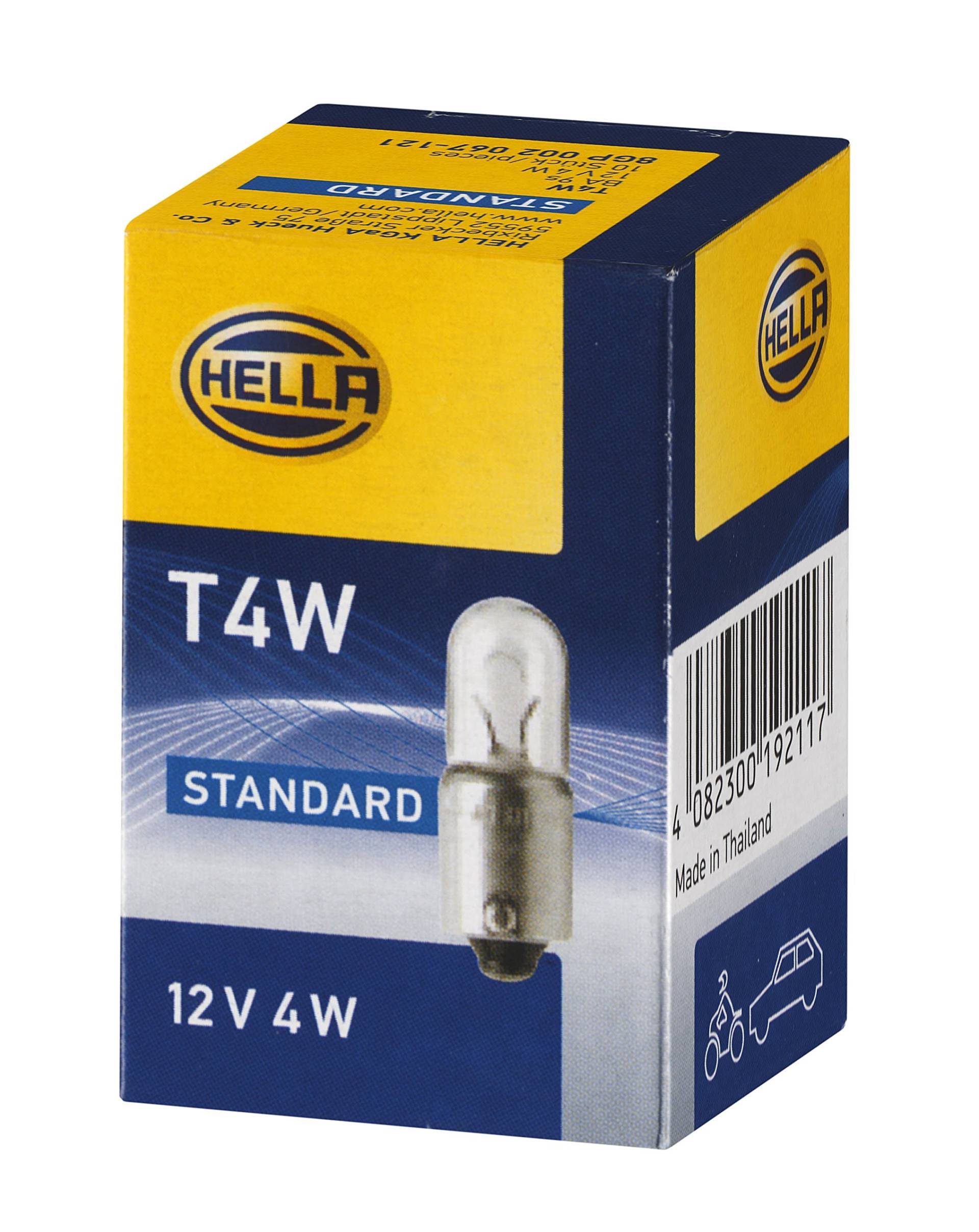 HELLA 8GP 002 067-121 Glühlampe - T4W - Standard - 12V - 4W - Sockelausführung: BA9s - Schachtel - Menge: 10 von Hella