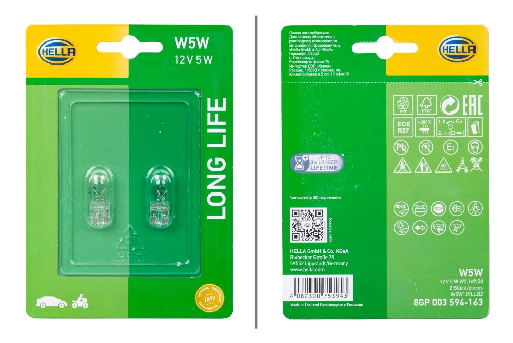 HELLA 8GP 003 594-163 Halogen Glühlampe - W5W - Long Life up to 3x longer lifetime - 12V - 5W - Sockelausführung Glühlampe: W2.1x9.5 - Blister - Menge: 2, Weiß von Hella