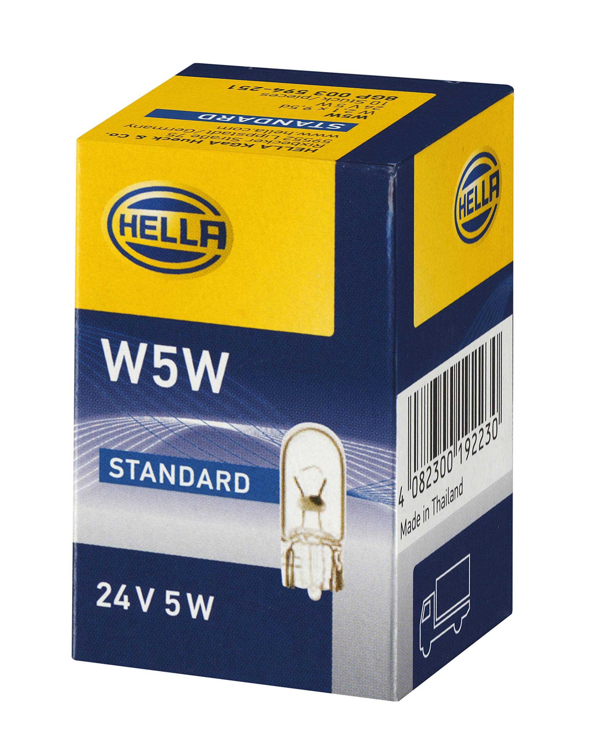 HELLA 8GP 003 594-251 Glühlampe - W5W - Heavy Duty - 24V - 5W - Sockelausführung: W2,1x9,5d - Schachtel - Menge: 10 von Hella