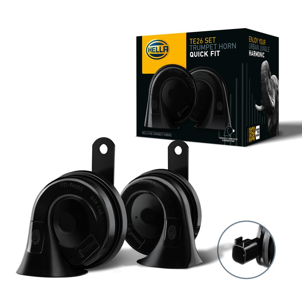 HELLA Fanfare - HELLA OE-CONNECT HORN TE26 SET - 12V - 110dB(A) - 400Hz-500Hz - Tiefton/Hochton - elektrisch - ECE - Gehäusefarbe: schwarz - Menge: 2 - 3FH 012 010-171 von Hella