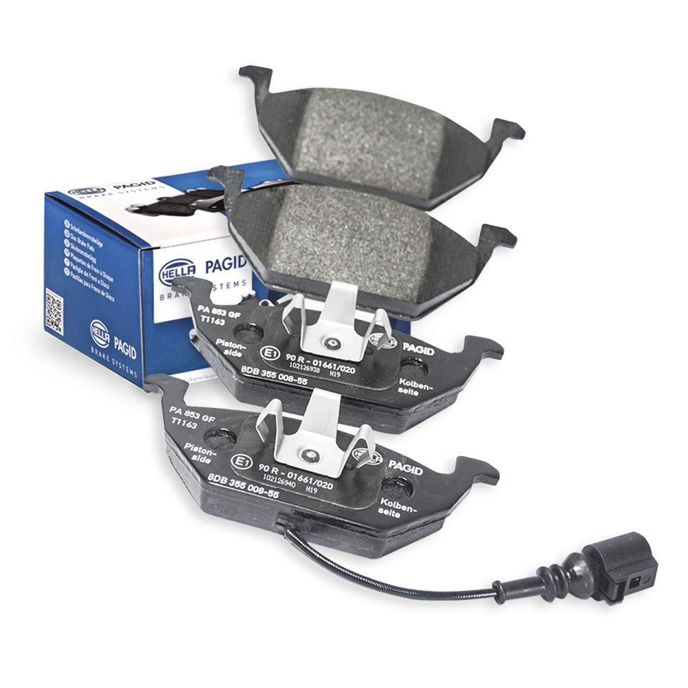 HELLA Bremsbeläge vorne - mit Warnkontakt - vier Bremsbeläge pro Set - T1163 - für u.a. AUDI / SEAT / SKODA / VOLKSWAGEN - 8DB 355 008-551 von Hella