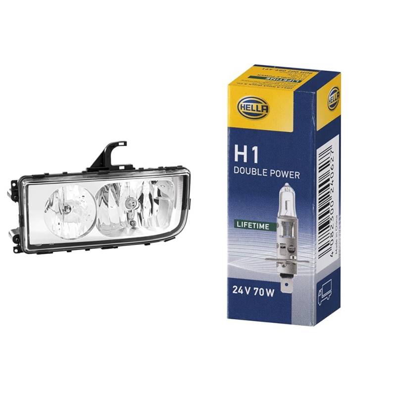 Halogen-Hauptscheinwerfer - für u.a. Mercedes-Benz Axor II - ECE - für Rechtsverkehr - links & Halogen-Glühlampe - H1 - Heavy Duty Expert Longer lifetime von Hella