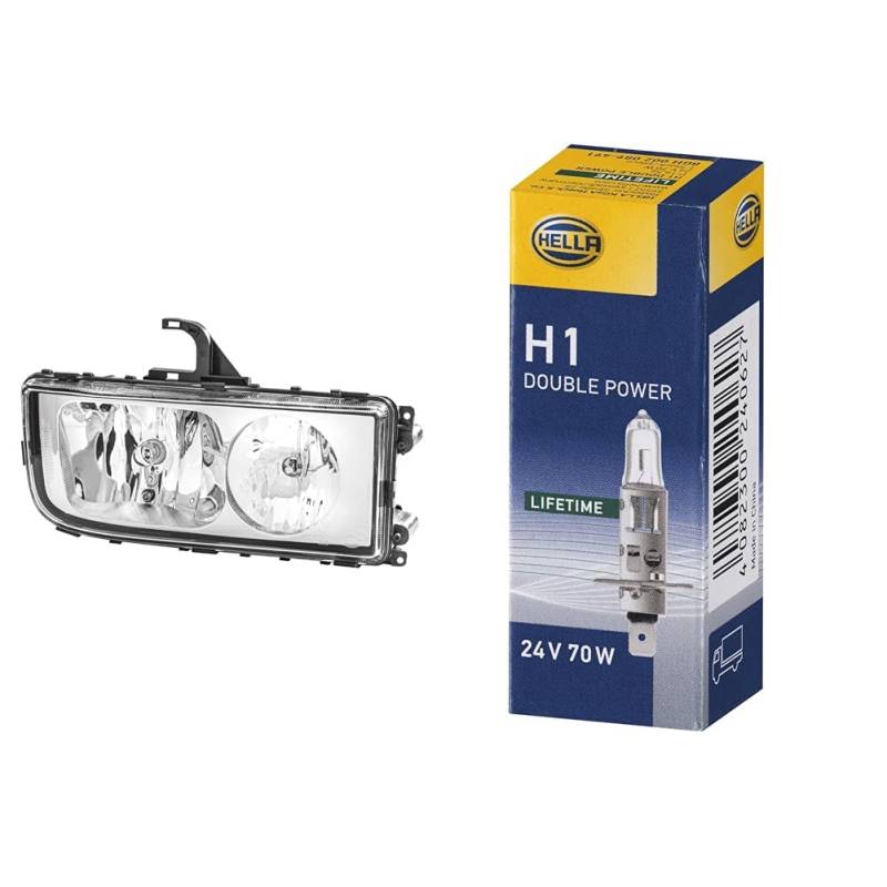 Halogen-Hauptscheinwerfer - für u.a. Mercedes-Benz Axor II - ECE - für Rechtsverkehr - rechts & Halogen-Glühlampe - H1 - Heavy Duty Expert Longer lifetime von Hella