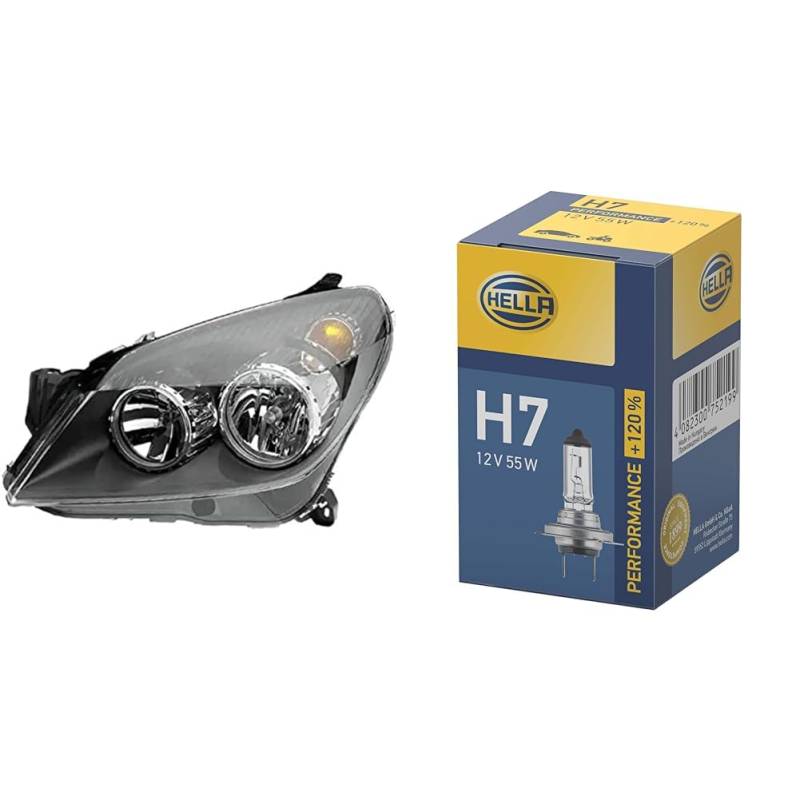 Halogen-Hauptscheinwerfer - für u.a. Opel Astra H (A04) - schwarz - ECE - für Linksverkehr - rechts & Halogen-Glühlampe - H7 - Performance + 120% von Hella