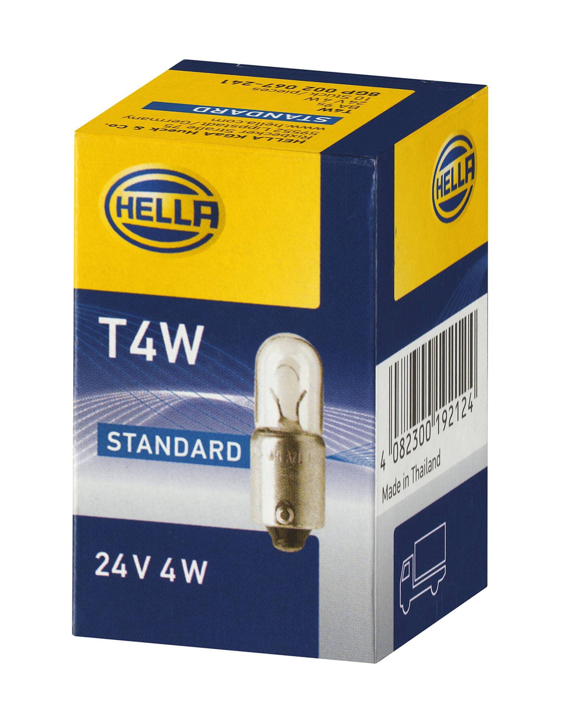 HELLA 8GP 002 067-241 Glühlampe - T4W - Heavy Duty - 24V - 4W - Sockelausführung: BA9s - Schachtel - Menge: 10 von Hella