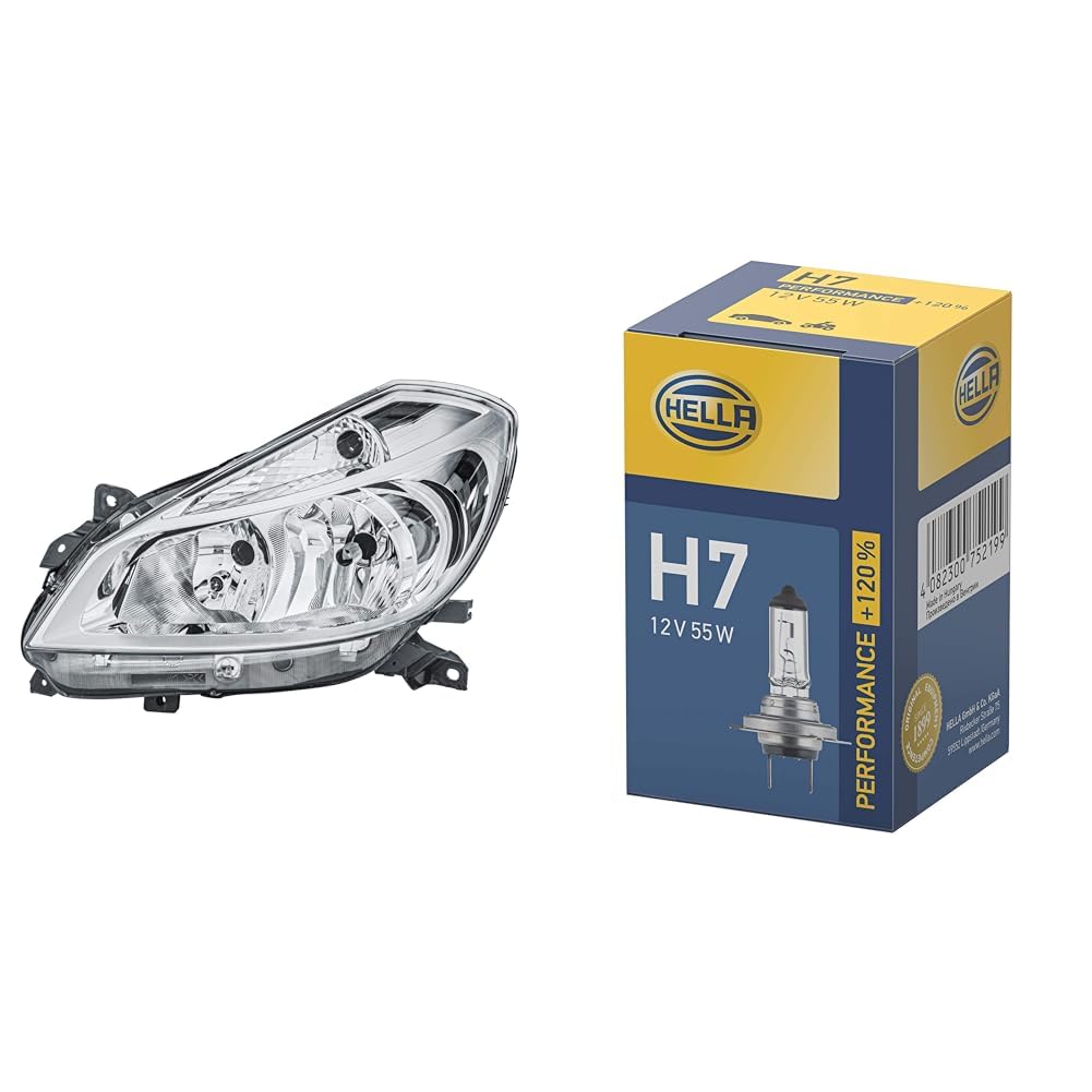 Hella Halogen-Hauptscheinwerfer - für u.a. Renault Clio III (BR0/1, CR0/1) - für Rechtsverkehr - links & Halogen-Glühlampe - H7 - Performance + 120% von Hella