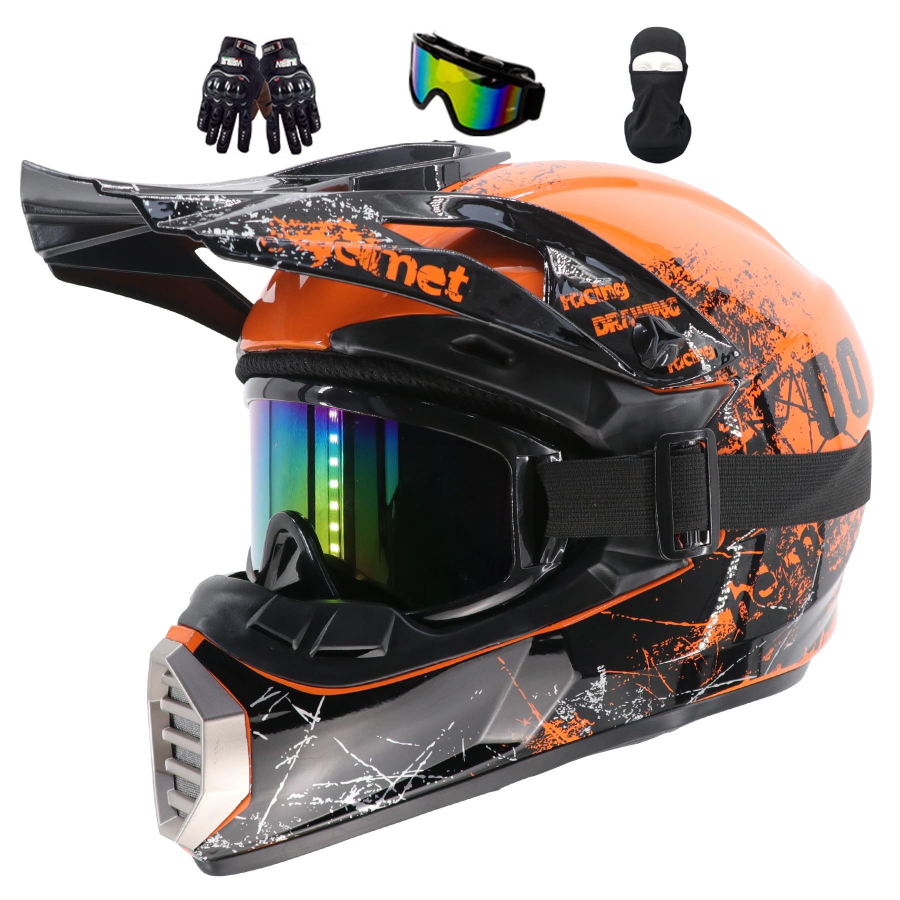 Motocross Helm Kinder, MTB Helm Fullface Kinder, Erwachsene Dirt Bike Offroad Motorradhelm Integralhelm Crosshelm Helm, Für Mountainbike ATV BMX Downhill Offroad, Mit Brille Handschuhe(Color:Orange,Si von Helmblazia