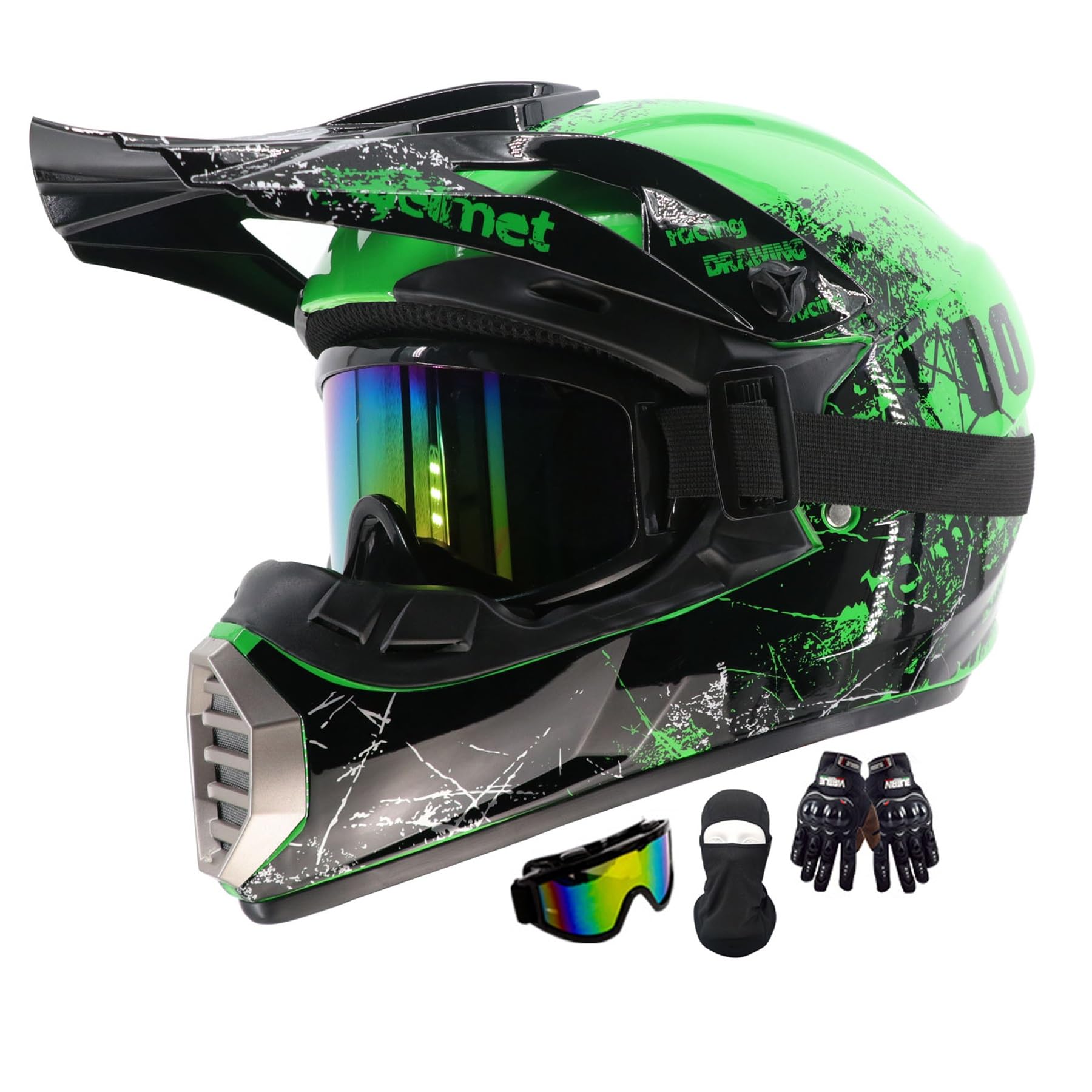 Motocross Helm Kinder, MTB Helm Fullface Kinder, Erwachsene Dirt Bike Offroad Motorradhelm Integralhelm Crosshelm Helm, Für Mountainbike ATV BMX Downhill Offroad, Mit Brille Handschuhe(Color:Green,Siz von Helmblazia