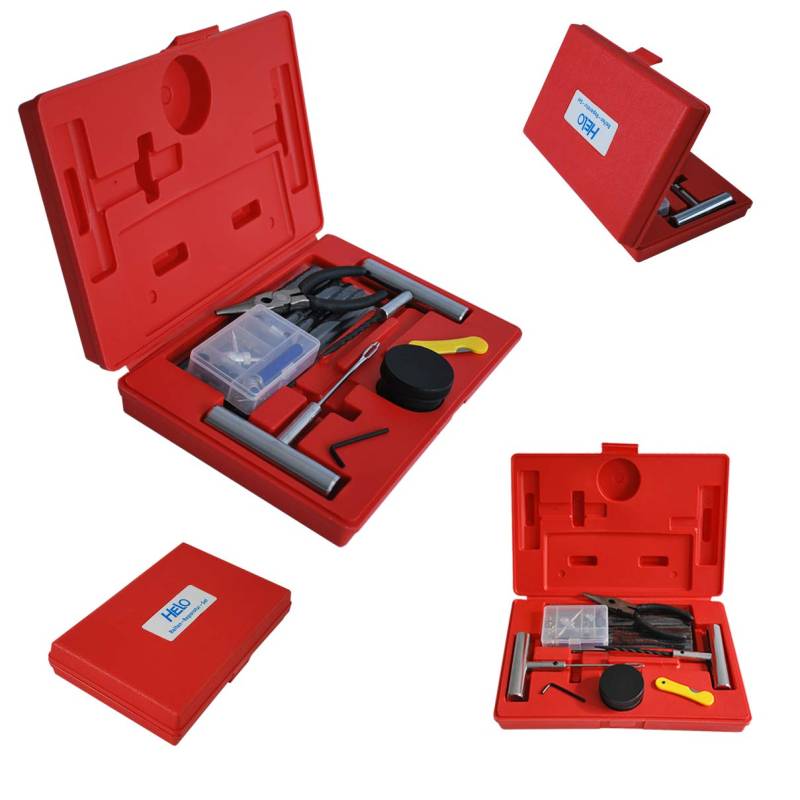 Helo ROT Reifenreparaturset für schlauchlose Reifen bis 6 mm, Notfall Reifen Flickzeug Reparaturset mit 20 selbstvulkanisierenden Streifen und Reparatur Spezialwerkzeug, Pannenset inkl. Koffer von Helo