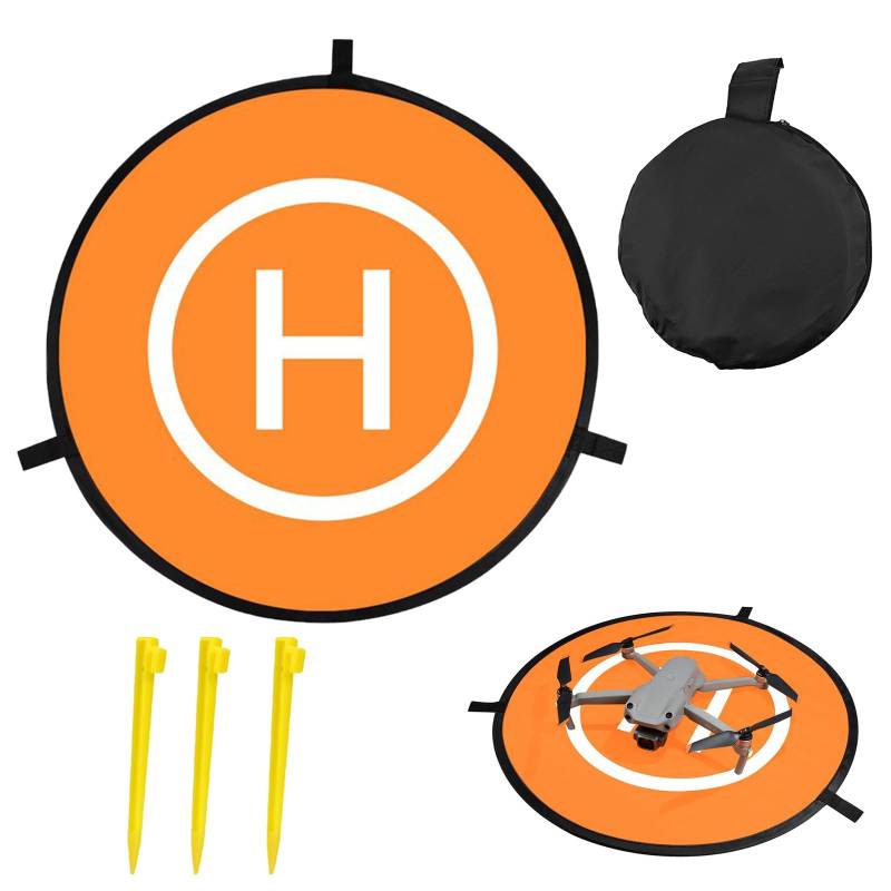 Drone Landing Pad, Drohnen Landeplatz, Faltbare Landing Pads, Drohnen Landeplatz Zubehör, Faltbar Landeplattform, Orange, Einseitig, Durchmesser 55 cm, mit 1 Aufbewahrungstasche und 3 Bodenheringe von Helweet