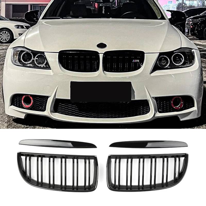 Hengjiayao E90 Nieren Schwarz für BMW 3er E90 E91 2005 2006 2007 2008 E90 touring E91 Grill Glanz Schwarz Doppelsteg Sport Kühlergrill Gitter Frontgrill Kühlergitter(For 3er E90 2005-2008 PRE) von Hengjiayao