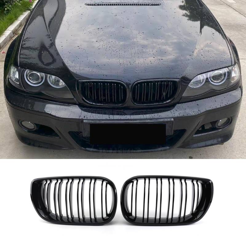 Hengjiayao E46 Nieren Schwarz Kühlergrill Passend für BMW 3er E46 4 Door 2002-2005 LCI Facelift Grill Glanz Schwarz Doppelsteg Sport Kühlergrill(Nicht für 2 Türen geeignet)(For 3er E46 2002-2005 LCI) von Hengjiayao