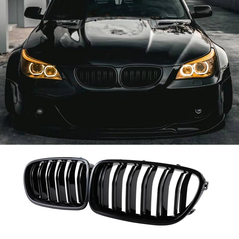 Hengjiayao E60 Nieren Schwarz Kühlergrill Streifen passend für BMW 5er E60 E61 M5 2003–2009 Doppelsteg Front Nieren Gitter Schwarz Glanz Kühler Rippen Grill Links Rechts(For 5er E60 2003-2009) von Hengjiayao