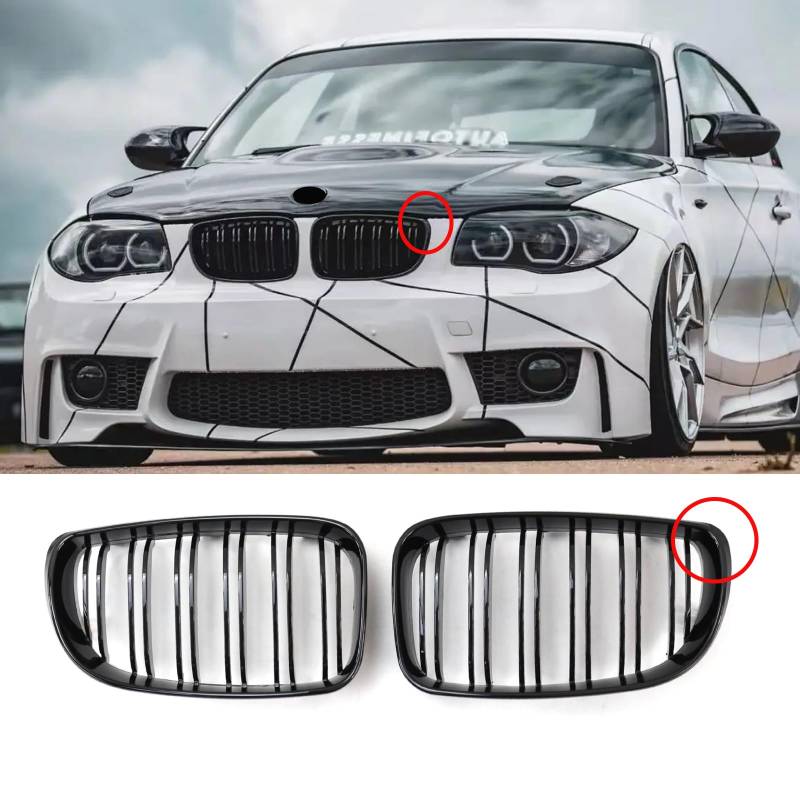 Hengjiayao E81 E82 Nieren Schwarz Kühlergrill Streifen E87 Kühlergrill für BMW 1er E88 Nieren Grill Glanz Schwarz Doppelsteg Sport 2008-2011 E81 E82 E87 E88 LCI-Facelift(For 1er E81 2008-2011 LCI) von Hengjiayao