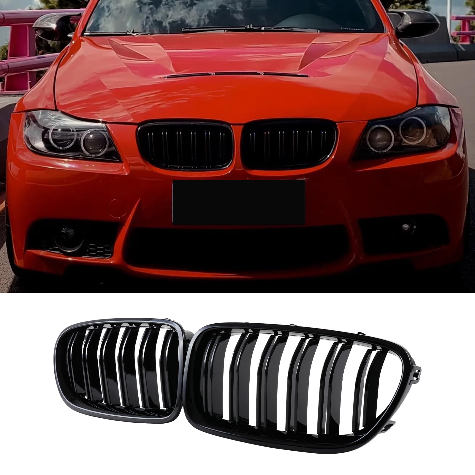 Hengjiayao E90 E91 Nieren Schwarz Kühlergrill Streifen für BMW 3er Nieren Schwarz Grill Glanz Doppelsteg Sport Kühlergrill 2009-2012 (For 3er E90 2009-2012) von Hengjiayao