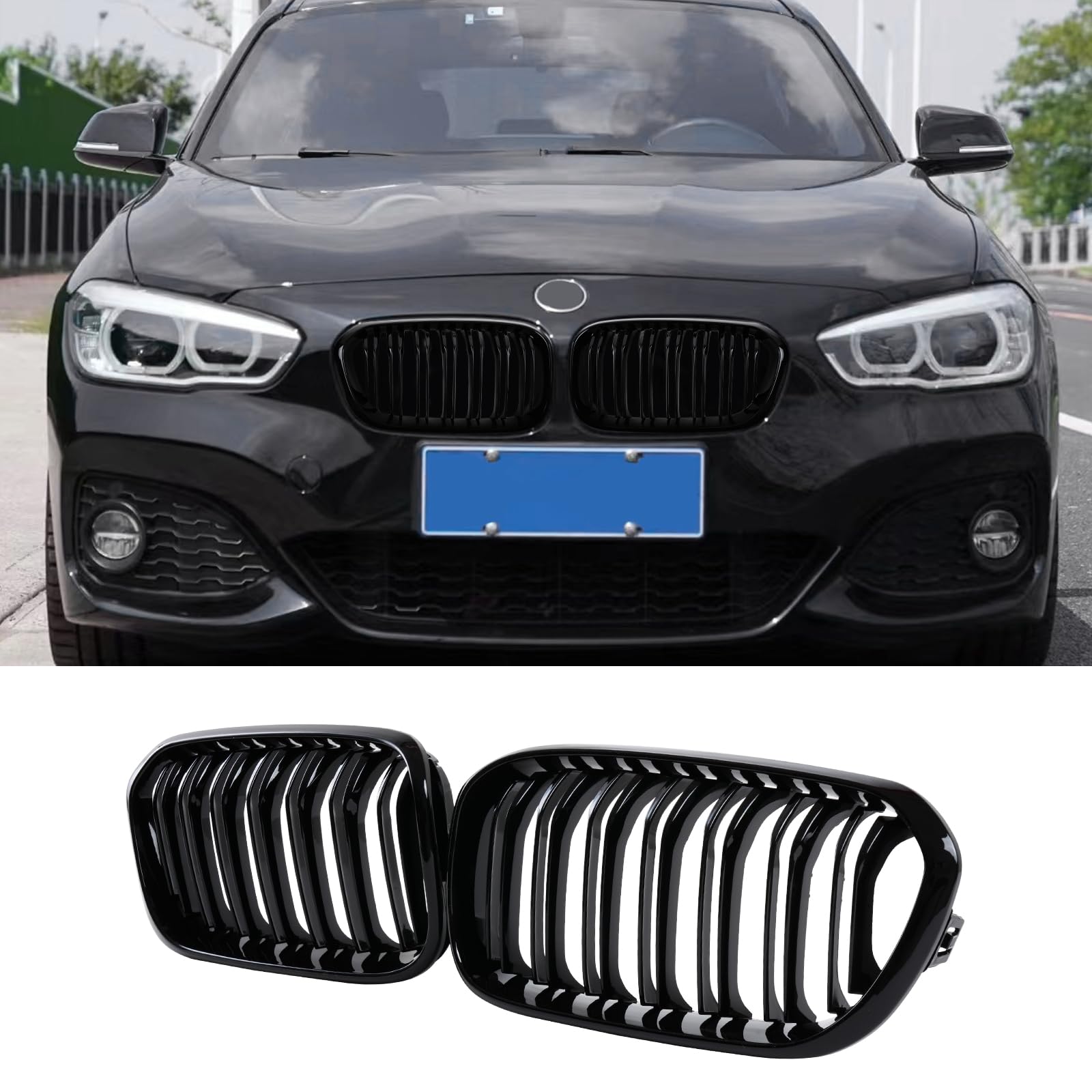 Hengjiayao F20 Nieren Schwarz, Front Nieren Kühlergrill Gitter Passend für BMW 1er F20 F21 2015 2016 2017 2018 Doppelsteg Grill Glanz Schwarz Kühlergrill (For 1er F20 2015-2018) von Hengjiayao