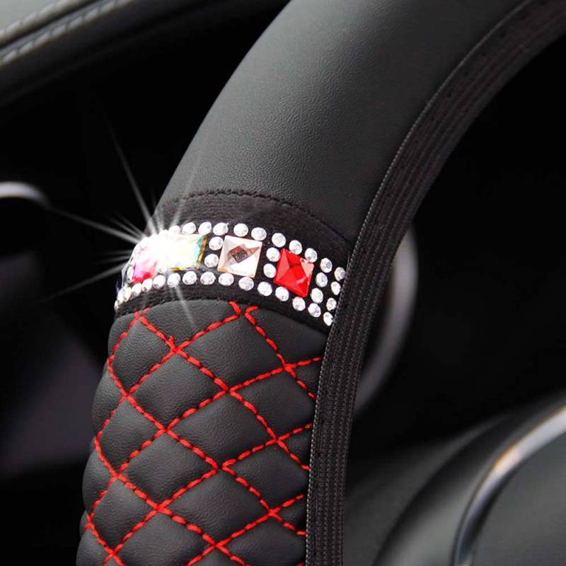 Herbest Glitzer Auto Lenkradhülle Lenkradbezug, 15''/38 cm Bling Kristall Strass Diamant Leder Lenkradbezug rutschfest Lenkrad Abdeckung Lenkradschoner für Männer und Frauen,Schwarz + Rot von Herbests