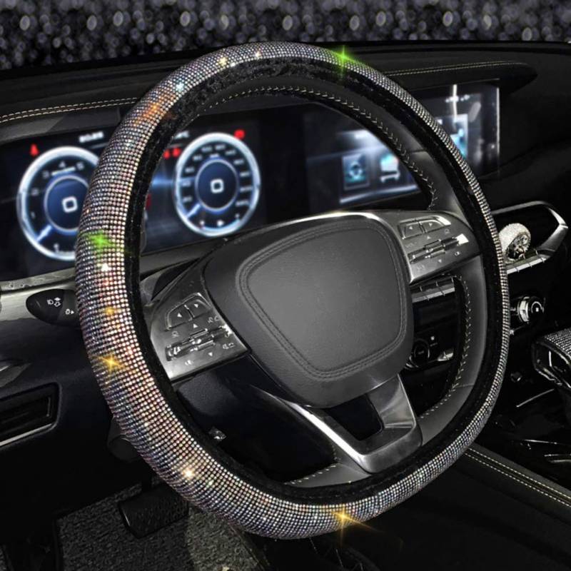 Herbests D-Form Auto Lenkradbezug, Bling Bling Diamanten Strass Mikrofaser Leder Lenkradbezug rutschfest Universal 38cm Lenkrad Abdeckung Auto Lenkradschutz Lenkradschoner Für Damen Mädchen,Bunt von Herbests