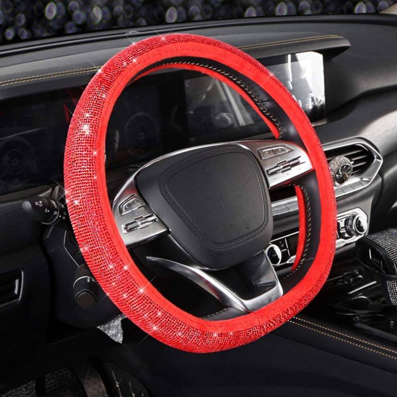 Herbests D-Form Auto Lenkradbezug, Bling Bling Diamanten Strass Mikrofaser Leder Lenkradbezug rutschfest Universal 38cm Lenkrad Abdeckung Auto Lenkradschutz Lenkradschoner Für Damen Mädchen,Rot von Herbests