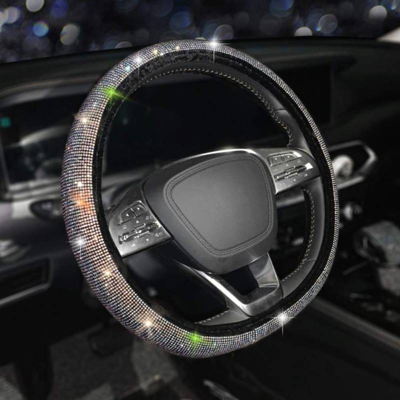 Herbests D-Form Auto Lenkradbezug, Bling Bling Diamanten Strass Mikrofaser Leder Lenkradbezug rutschfest Universal 38cm Lenkrad Abdeckung Auto Lenkradschutz Lenkradschoner Für Damen Mädchen,Silber von Herbests