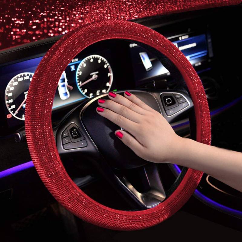 Universal Auto Lenkradhülle Lenkradbezug Glitzer, Bling Bling Glitzer Strass Diamant Leder Lenkradbezug, 15''/38 cm Rutschfest Lenkrad Abdeckung Lenkradschutz Lenkradschoner Für Damen Mädchen,Rot von Herbests