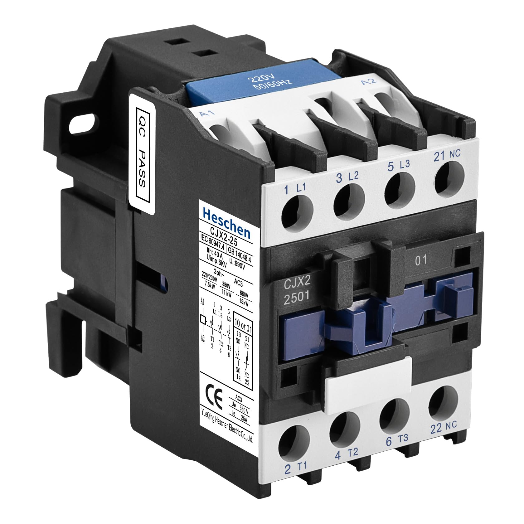 Heschen AC Schütz, CJX2-2501, 220V 50/60Hz Spule, 3P, 3-polig, normalerweise geschlossen, Ie 25A, Ue 380V von Heschen