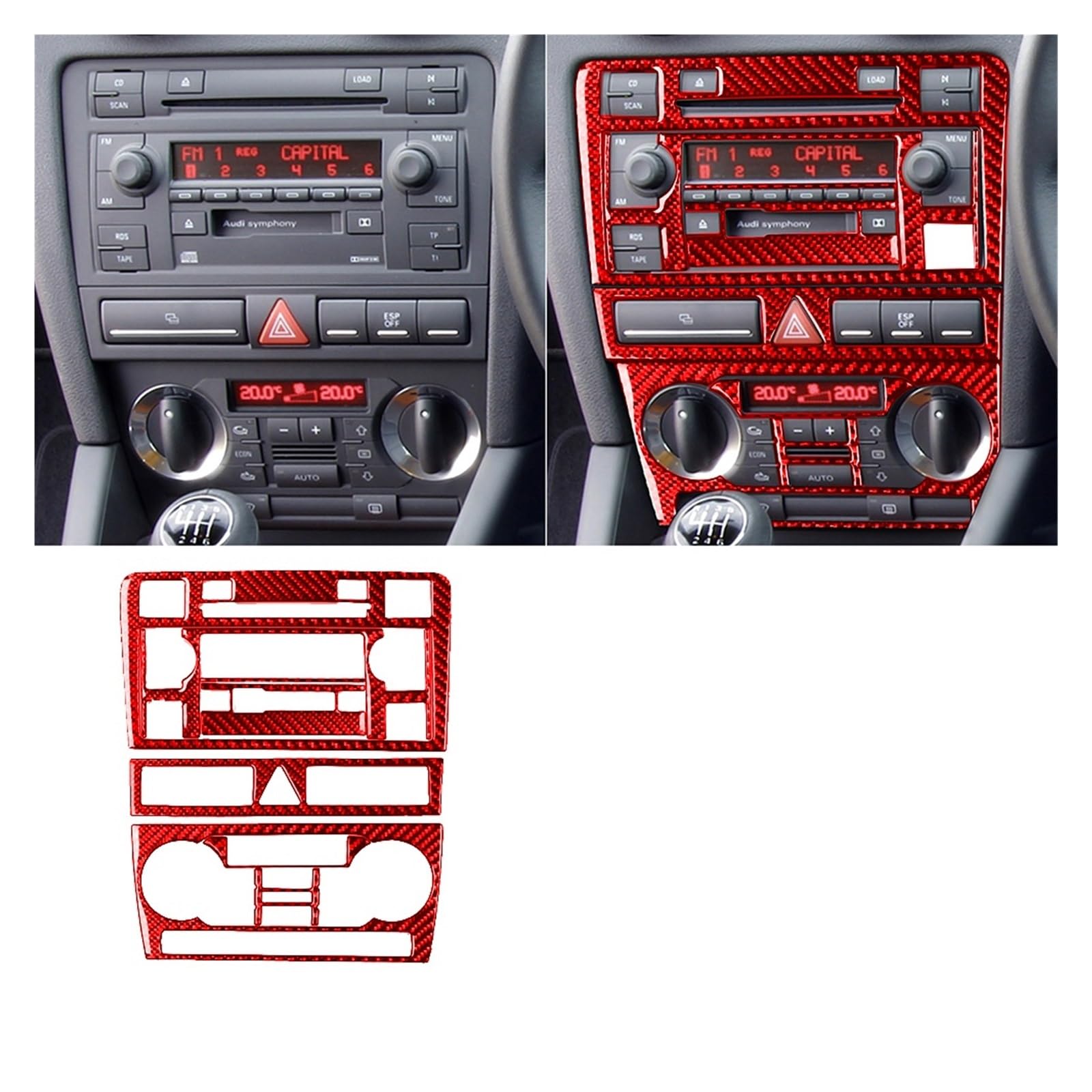 Auto Innenraum Für A3 S3 8P 2006 2007 Zentrale AC Radio CD Navigation Panel Set Trim Abdeckung Carbon Fiber Auto Innen zubehör Aufkleber Interieur Zubehör(W Red) von Hguvsjd