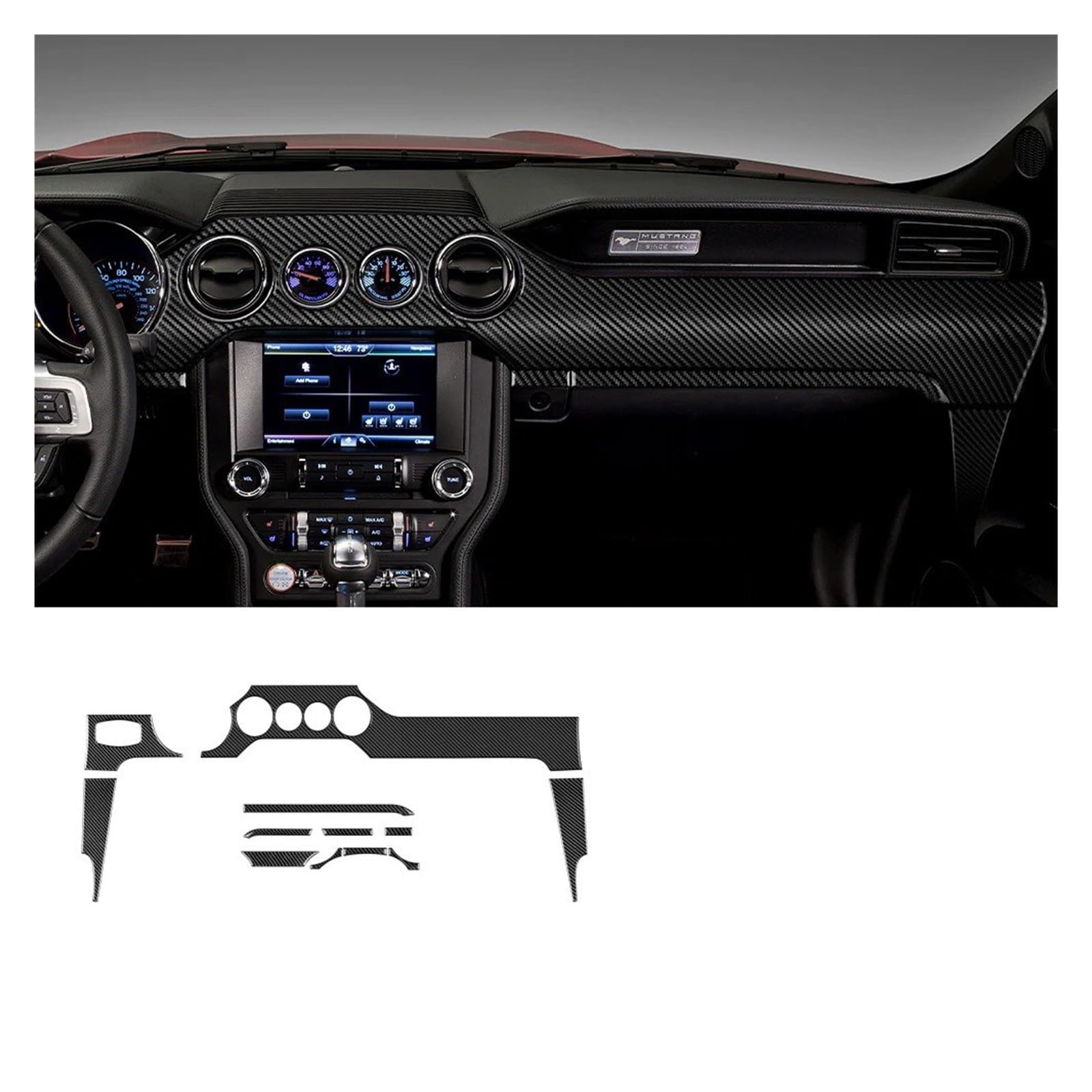 Auto Innenraum Für Ford Für Mustang 2015 2016 2017 2018 2019 2020 2021 2022 RHD LHD Carbon Fiber Auto Dashboard Panel Innen Trim Interieur Zubehör(4 Holes LHD) von Hguvsjd