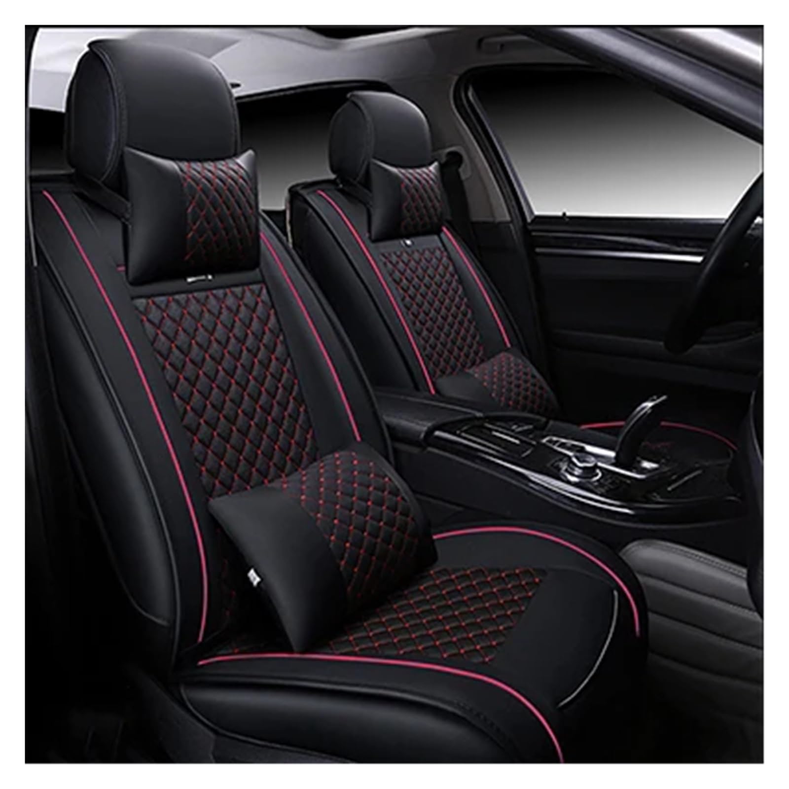 Hguvsjd Autositzbezüge Für Geely Für Atlas Für Tugella Für Geometrie C Für Emgrand EC7 GX7 EX7/PU Leder 5 Sitz Auto Sitzbezug Autositzüberzug(Black red Pillow) von Hguvsjd