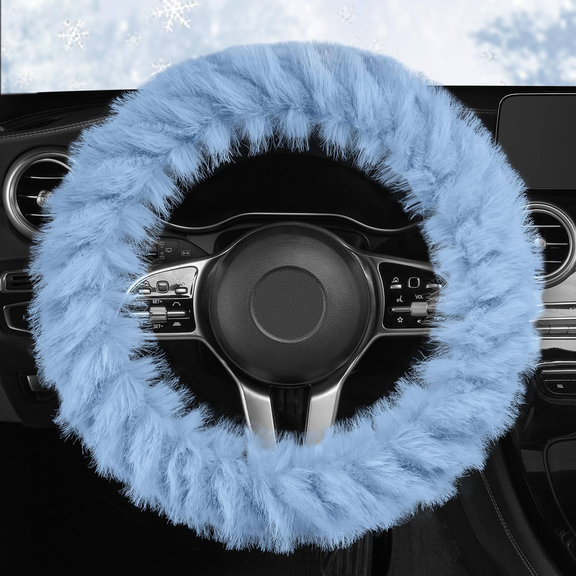 HighnessHwoo Fuzzy Winter Steering Wheel Cover for Women, Warm Cute Fluffy Car Wheel Cover for Sedan, SUV, Soft Furry Girly Auto Accessories, Plush Car Handle Cover for Cold Weather, 14-15in, Blue von HighnessHwoo