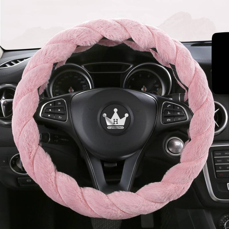 HighnessHwoo Luxuriöse Flauschige Winter Auto Lenkradbezüge für Damen, Weich, Warm, Plüsch, Niedlich, Auto Innenzubehör für Fahrzeug Limousine, rutschfest, Rosa, Flauschig, Standardgröße(37–38cm) von HighnessHwoo