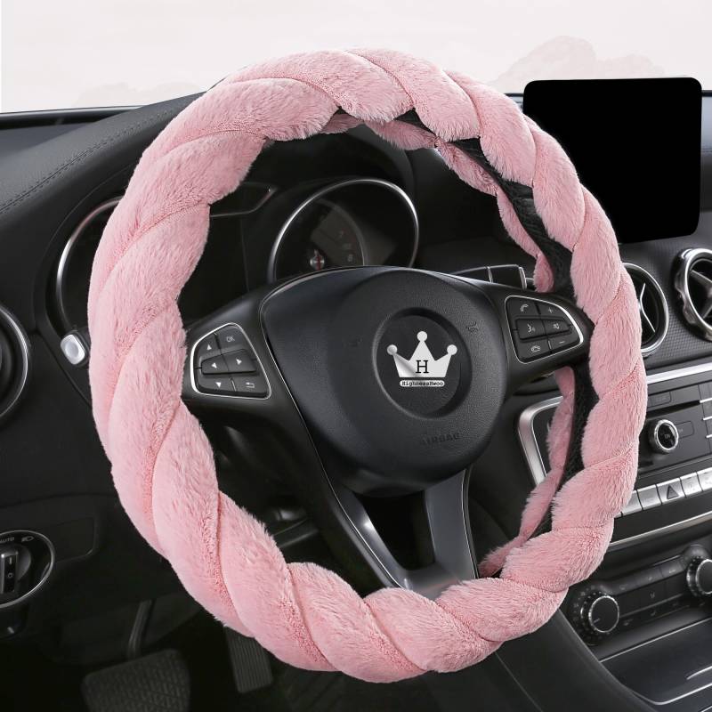 HighnessHwoo Luxuriöser Flauschiger Winter Lenkradbezug für Damen und Mädchen, Weicher Plüsch, Warm, Miedlich, Mädchenhaft, Jeep LKW, F150, rutschfest, Rosa, Grössen(39-41cm) von HighnessHwoo