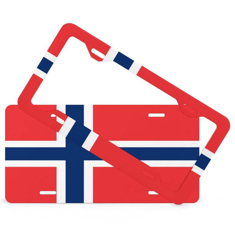 Kennzeichen- und Rahmen-Set Norwegen-Flagge Kennzeichenrahmen 2er Set, vorne & hinten Kennzeichenhalterung mit Befestigungssatz, rostfrei & wetterfest, Made in USA von Higoss