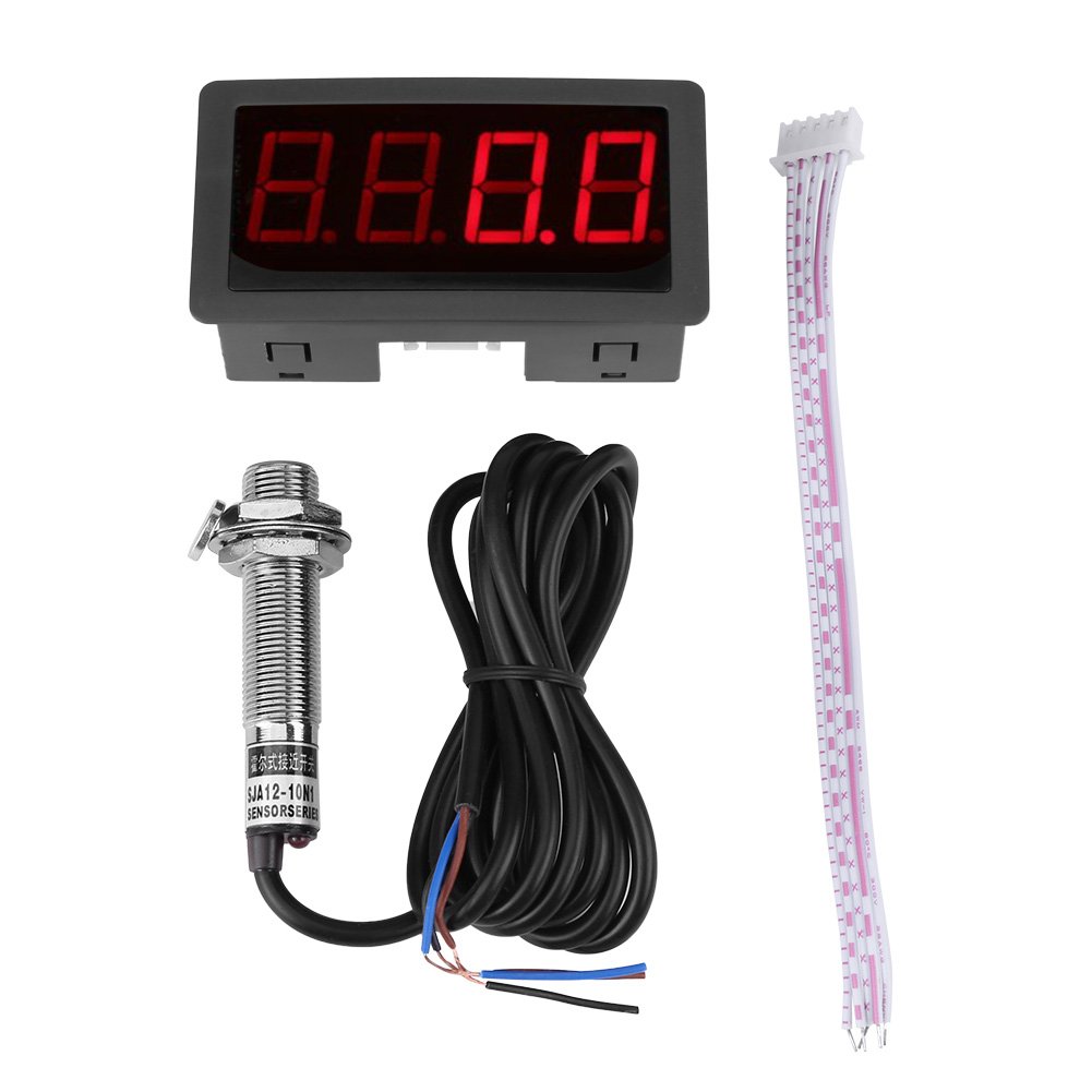 Tachometer, digital, 4 Ziffern, LED-Display + NPN-Näherungssensor zur Messung von Temperatur, Druck, physikalische Mengen (rot/blau) (rot) von Hilitand