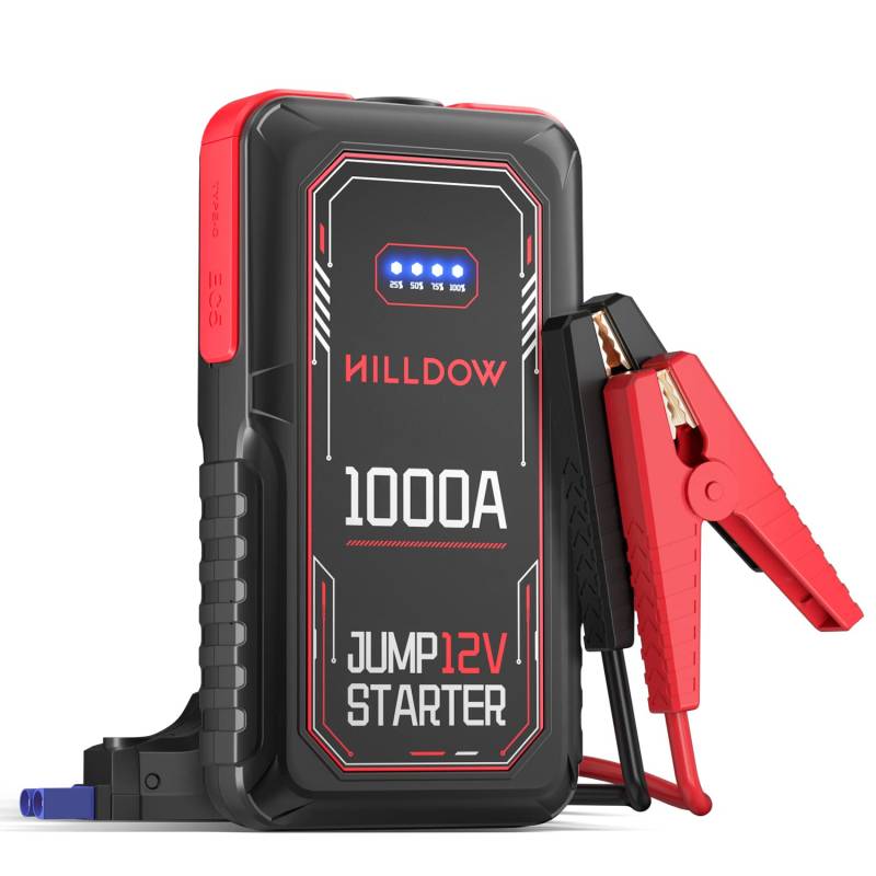 Hilldow Starthilfe Powerbank,1200A Spitzstrom Tragbare Auto Starthilfe Powerbank (Bis Zu 7L Benzin Oder 5L Diesel),12V Booster Auto Starthilfe mit eingebautem LED Licht,Unterstützt Schnellladung von Hilldow