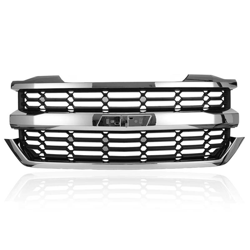 Sport Frontgrill Für Chevrolet Für Silverado 1500 2016 2017 2018 Auto Außen Teile Zubehör Front Stoßstange Grill Grille Abdeckung Trim Sport Kühlergrill(1pc Chrome Black) von Himwqfuh