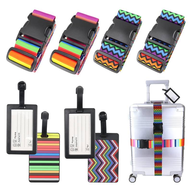 4 Stück Koffergurt mit 4 Gepäckanhänger Kofferband Gurt Bunt Gepäckgurt Travel Accessories,Suitcase Strap Adjustable Multifunktional Luggage Strap für Koffer Gurtband Koffergurte,Regenbogen+Welle von Hivia